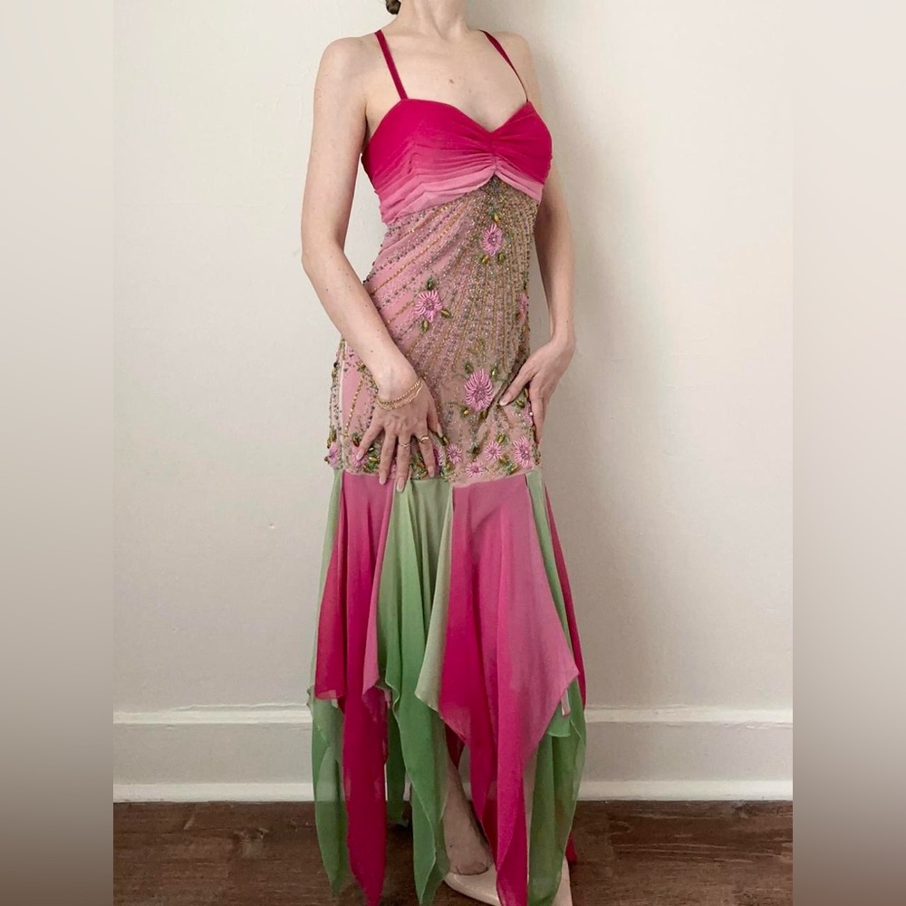 Vintage 90s Pink and Green Silk Designer Fairy Gown Dress